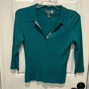 Sugar Reef Women’s Henley Sweater, Cable Knit, 3/4 Sleeve, teal, coastal, medium